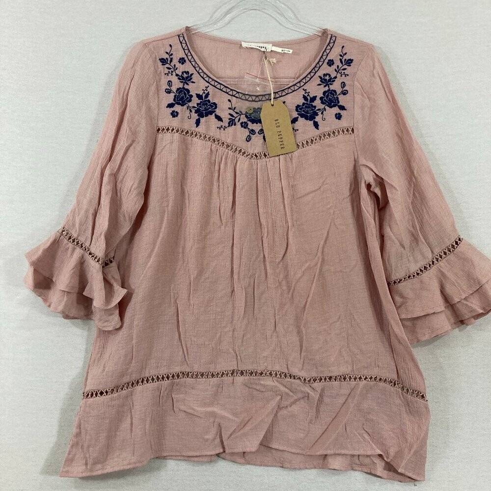 New Blu Pepper Medium Pink Blue Floral Embroidered Ruffle Blouse Cottagecore - Picture 2 of 11